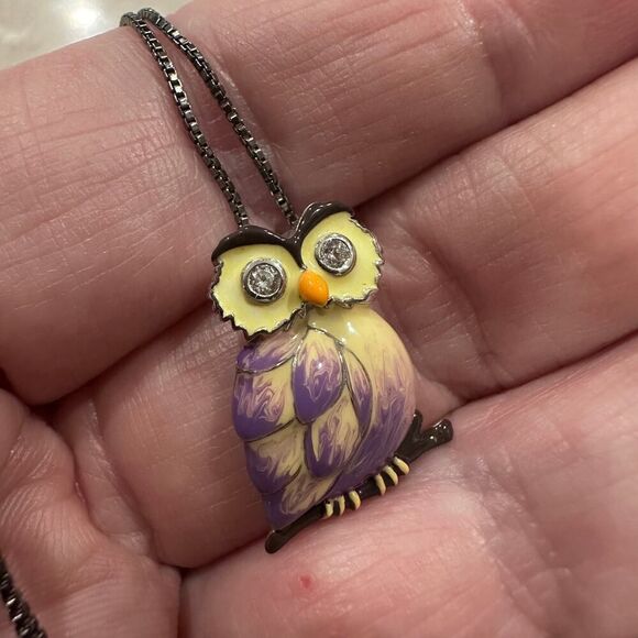 Sterling Silver Hand-Painted Modish Owl with Clear CZ Pendant Necklace - Picture 5 of 6